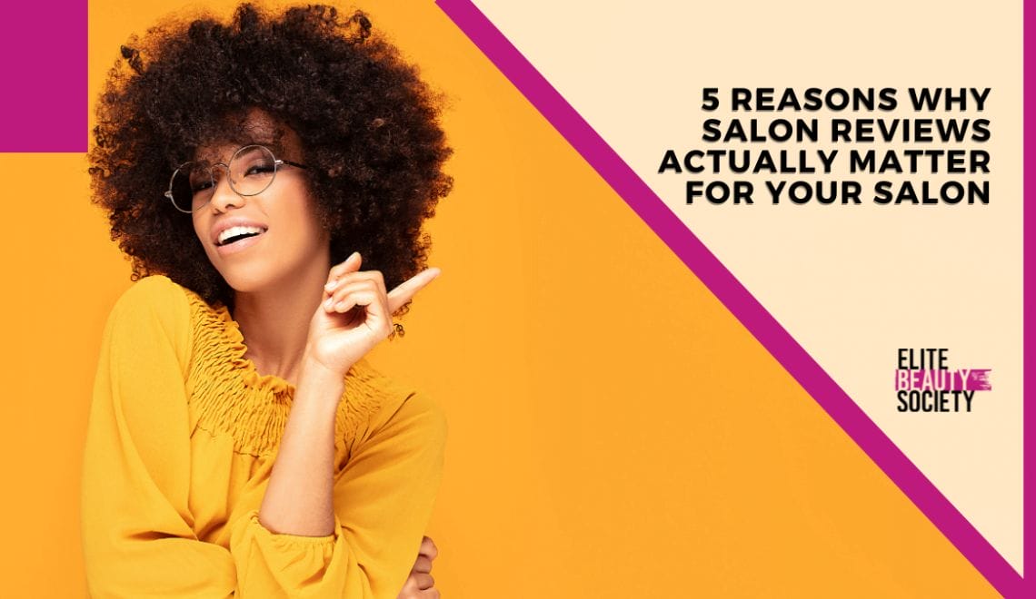 A trendy hair stylist points to the title of the blog, all about creating customer reviews for her salon.