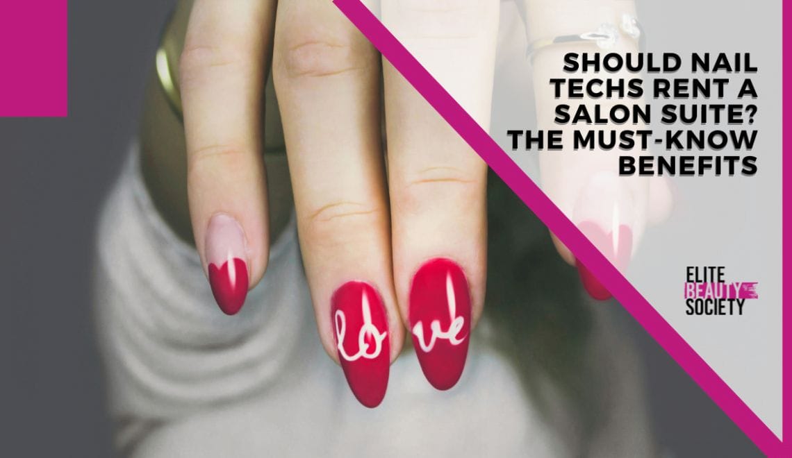 A nail tech shows off her clients new red manicure with nail art that says "love" on the fingers.