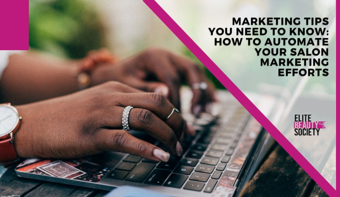 A woman automates her salon marketing on her laptop.