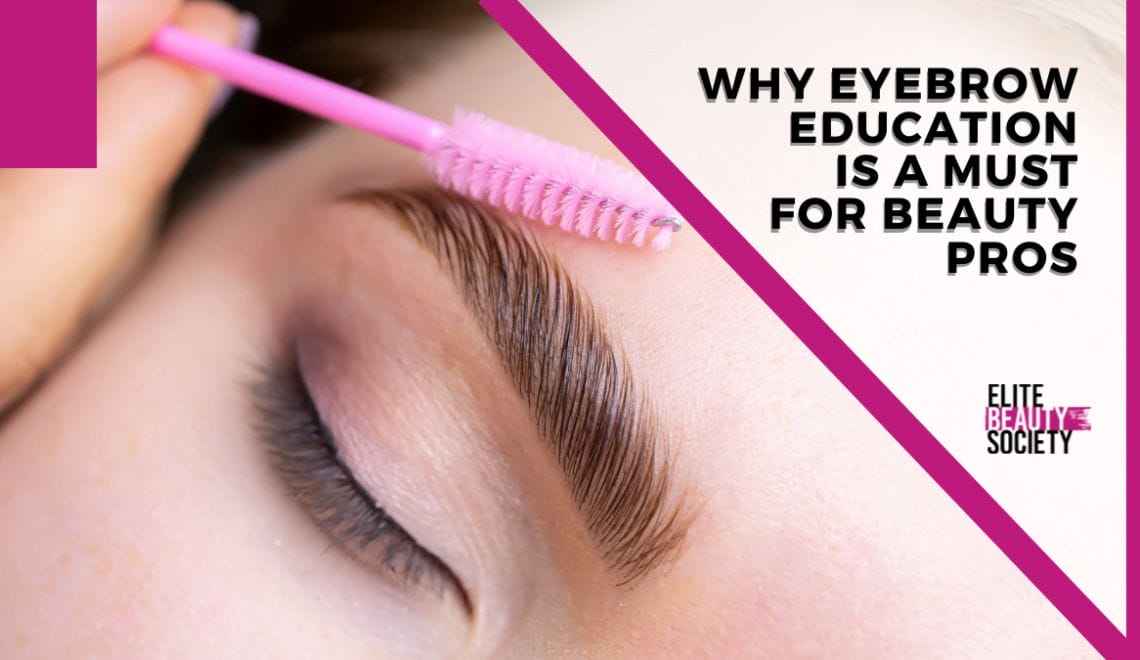 A beauty pro gently spoolies a client's eyebrows after her eyebrow education course.