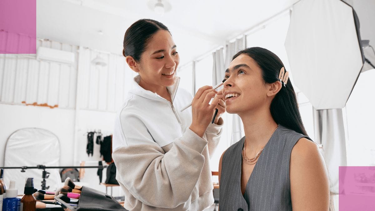 A client gets her makeup done by her artist, a pro with a full-time beauty professional job.