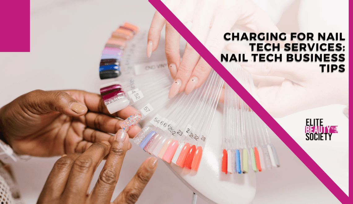 A nail tech holds up a color wheel for her client to choose from, a nail tech business tip she learned in cosmetology school.