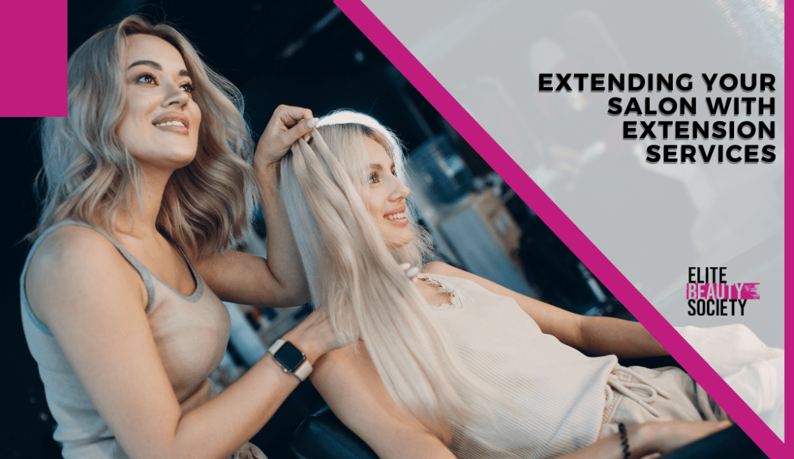 A salon owner shows off her new client's extension services in the mirror.