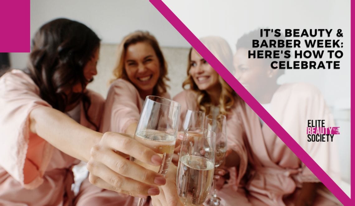 A group of beauty pros toast champagne while celebrating beauty and barber week.