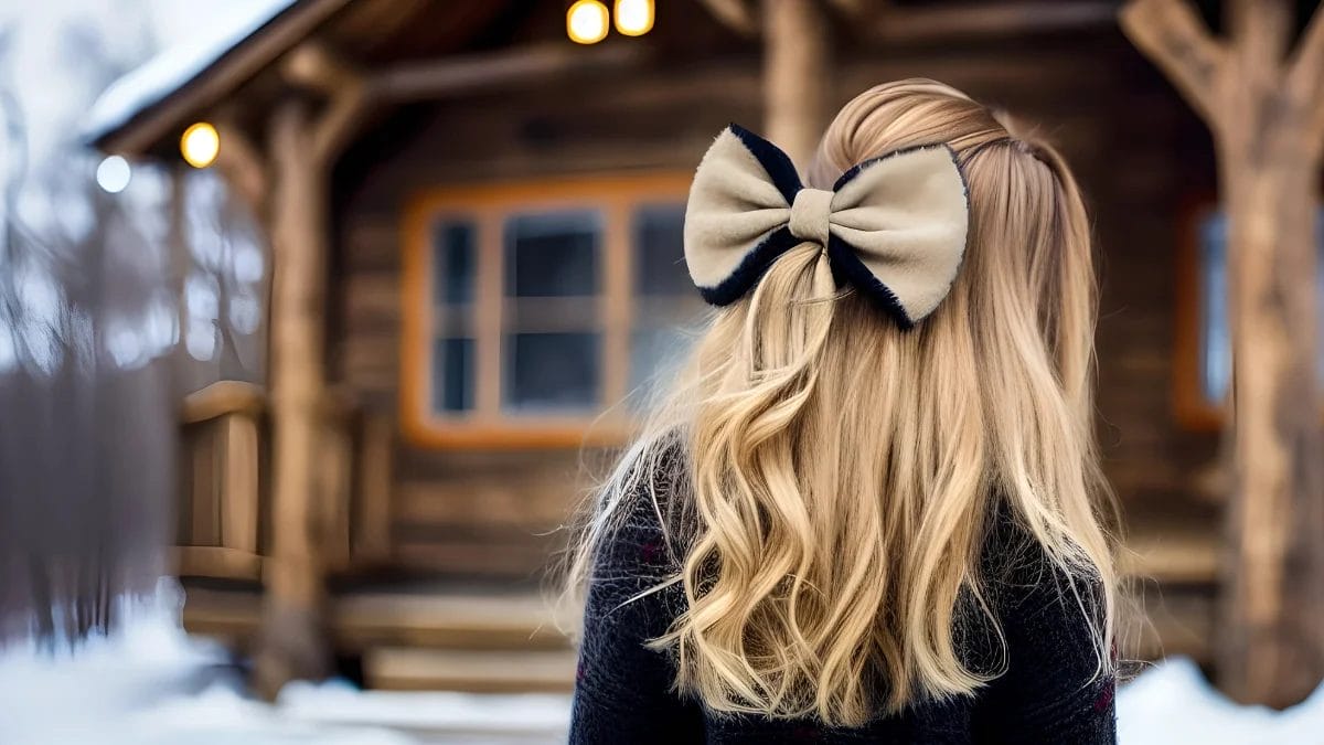 A velvet bow, a Fall beauty trend, is shown in a blonde client's hair.