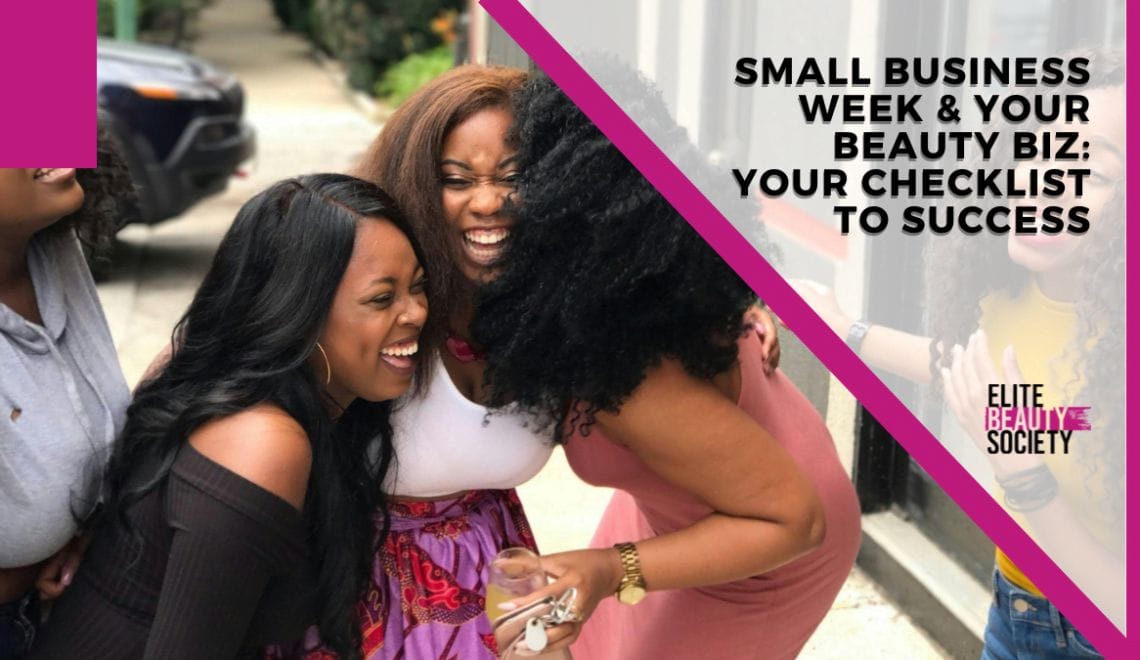 A group of beauty business owners gather together to laugh and celebration small business week.