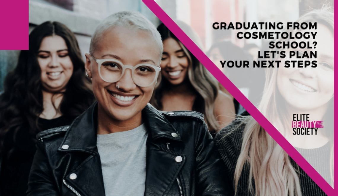 A group of cosmetology school students smile for the camera after finishing their program.