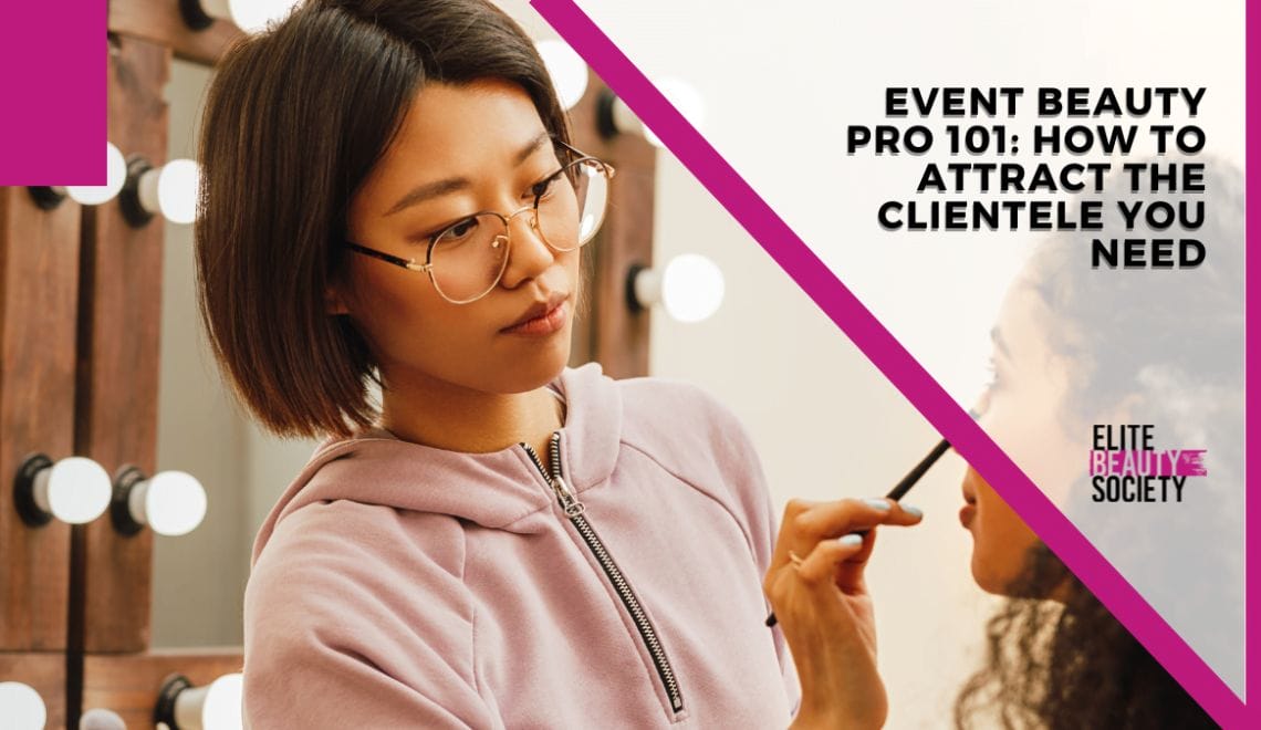 An event beauty pro helps her client get ready with a unique makeup look.