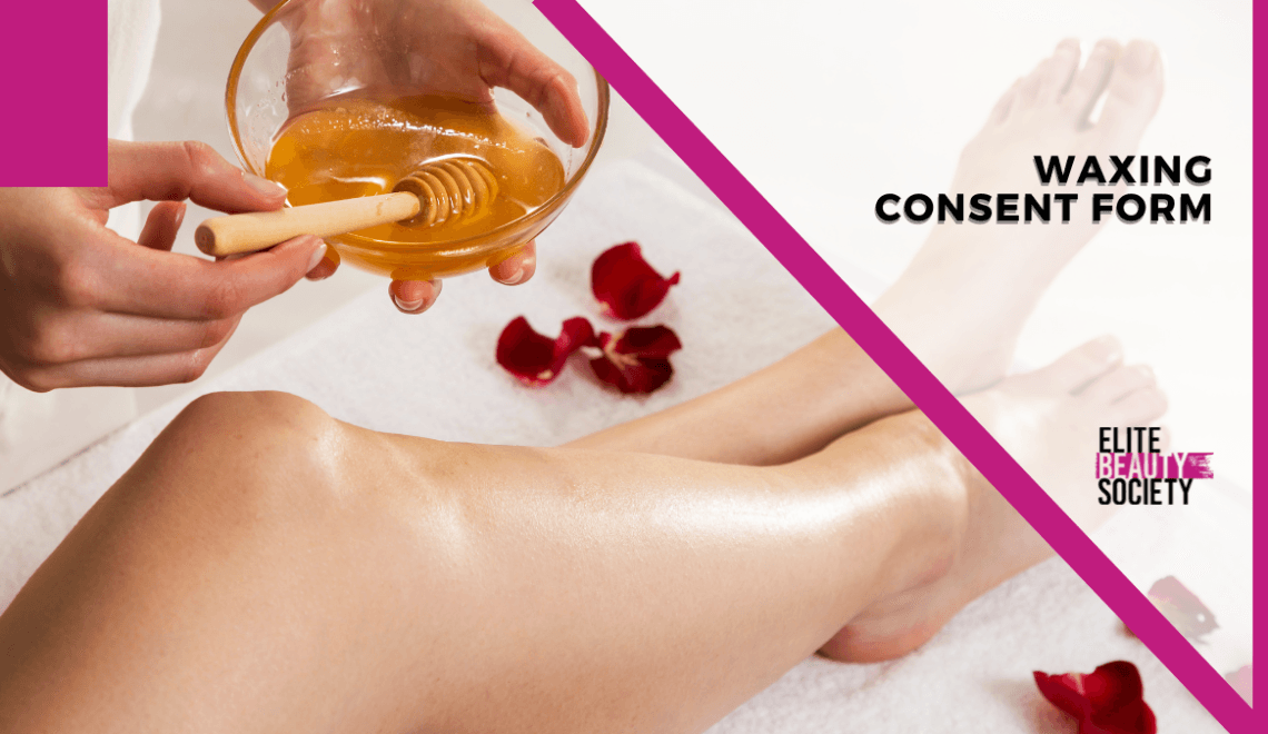 A close-up of a person’s smooth, bare leg resting on a soft white towel with scattered red rose petals. A hand is holding a bowl of golden honey-like wax with a wooden applicator, preparing to apply the wax for a hair removal treatment.