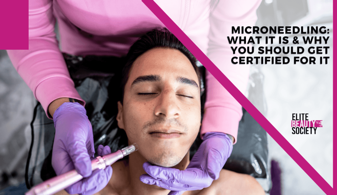 An esthetician performs microneedling on her male client's face.