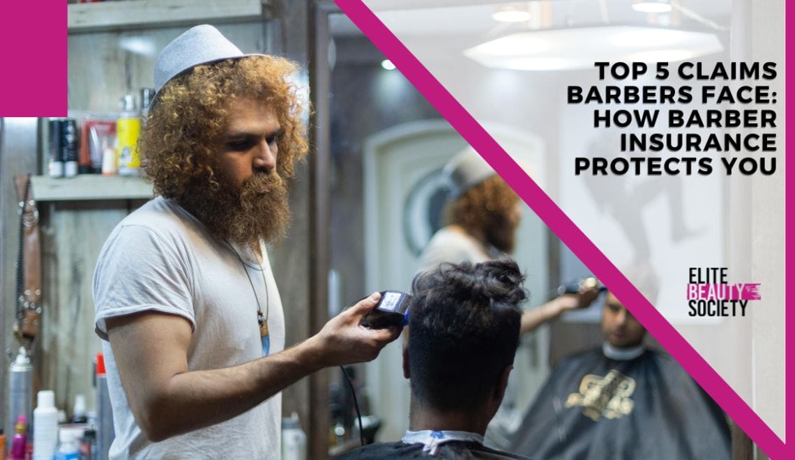 A client sits in a barber chair while his barber – who has barber insurance – styles his hair.