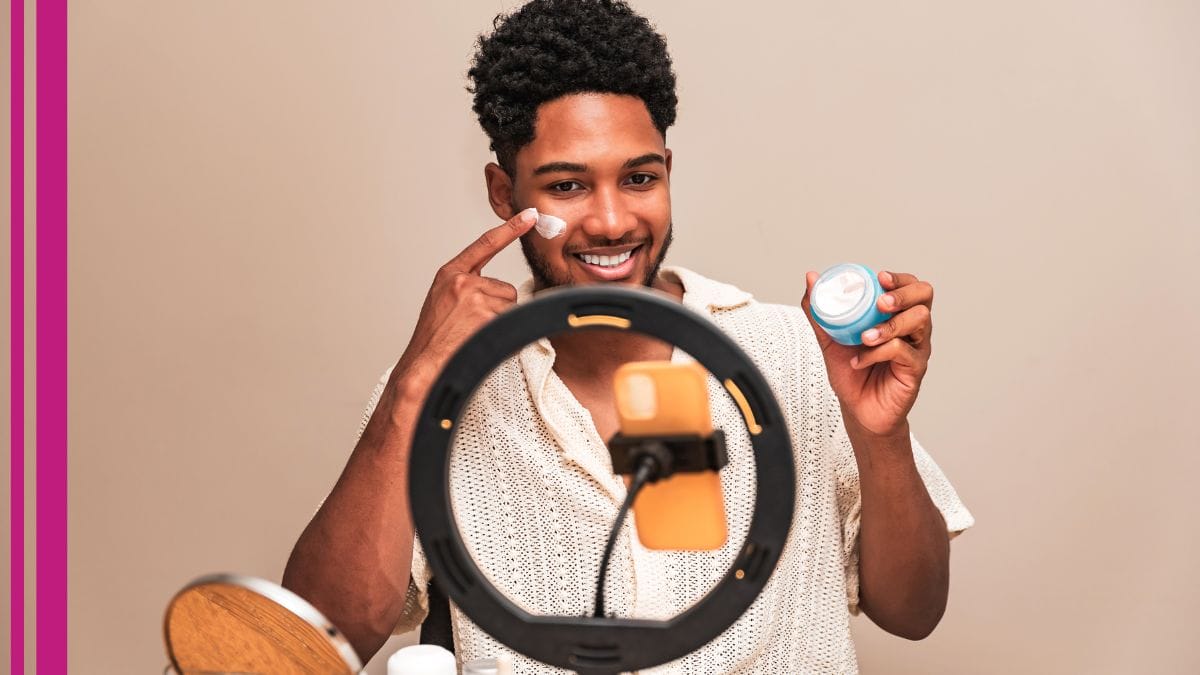 A beauty influencer – who initially wondered is cosmetology a good career path? – shows off his new product to his followers.
