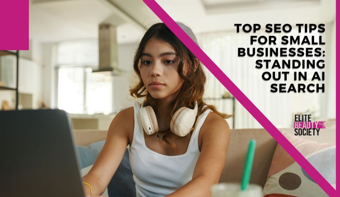 A stylist looks up seo tips for small businesses to help her salon show up better online.