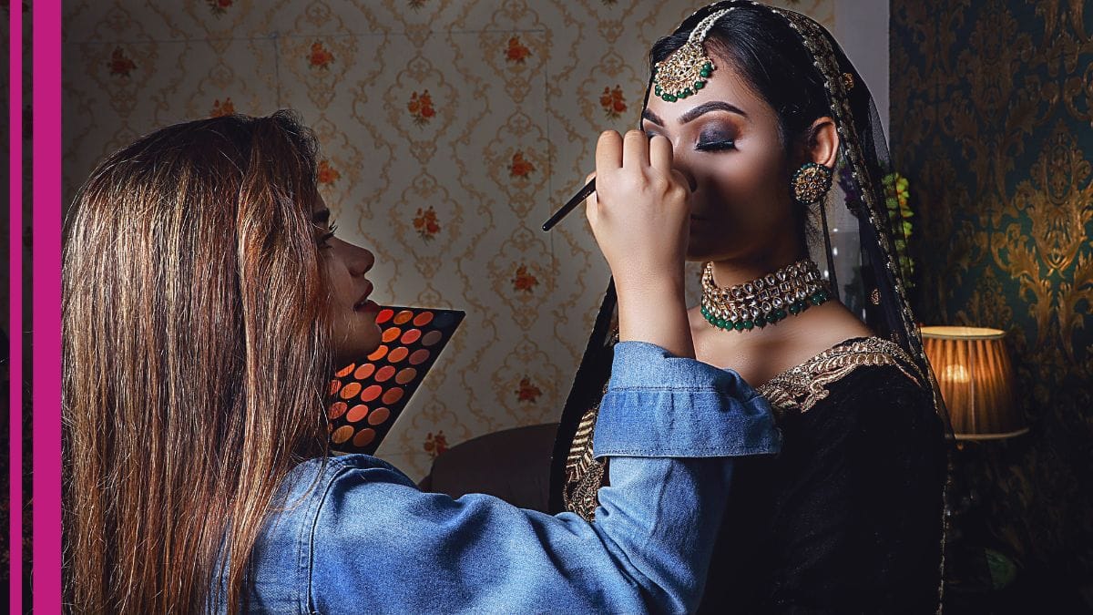 a bridal makeup artist applies cost-saving product to a bride