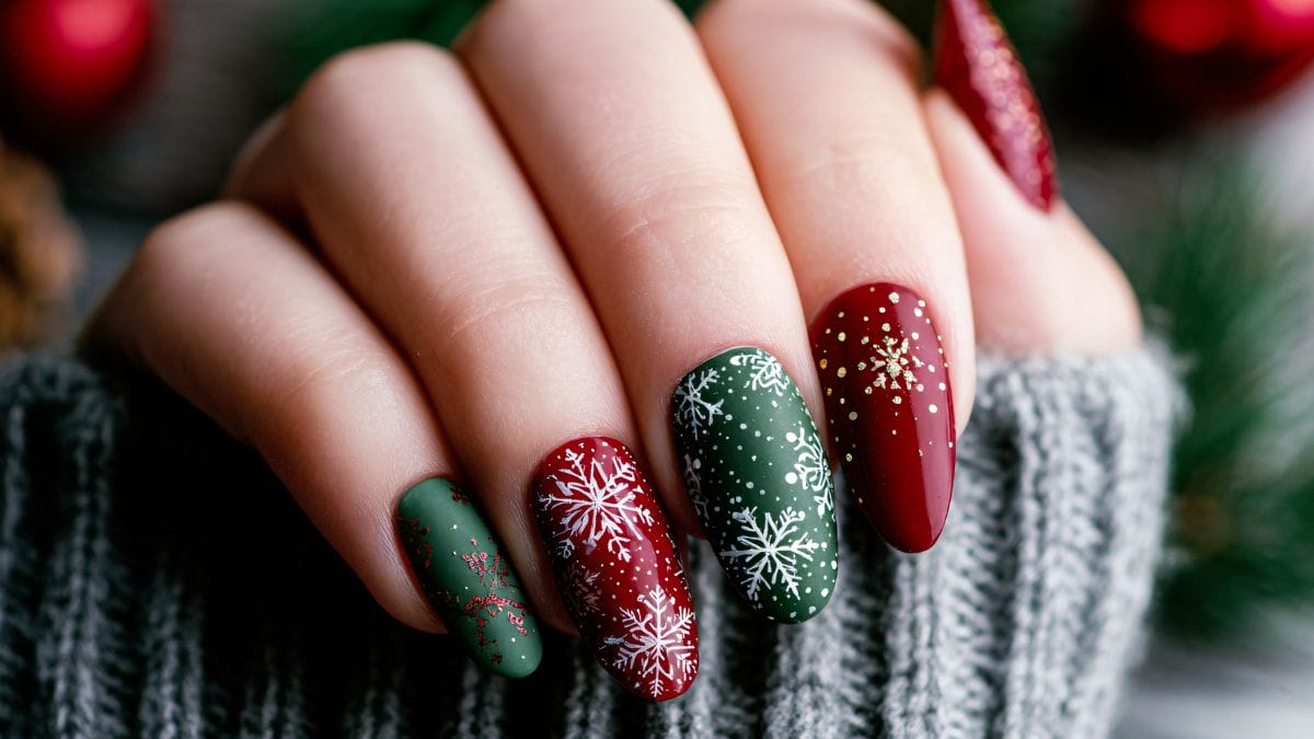 red and green Christmas nails design