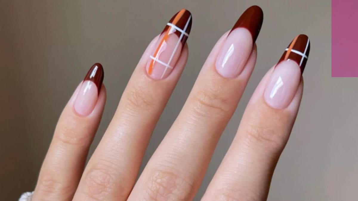brown plaid patterns on winter nails created by @tiffanyabbigailebeauty