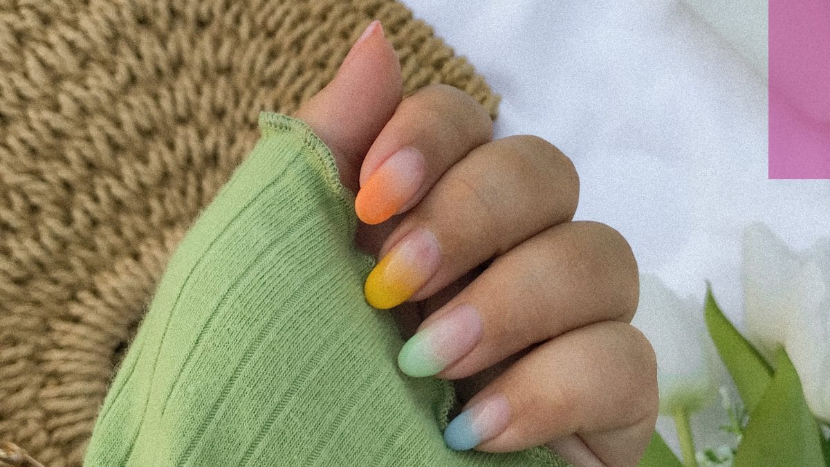 rainbow french tips winter aura nail art