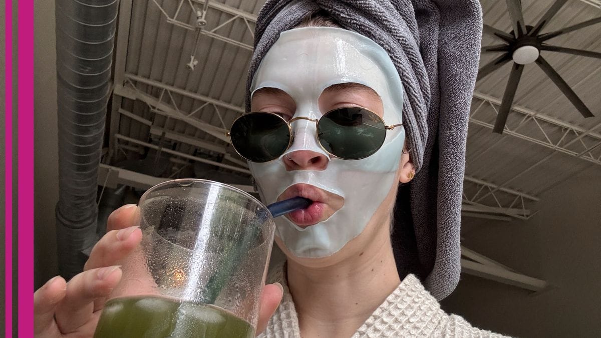 A client shows off her skin conditioner mask.