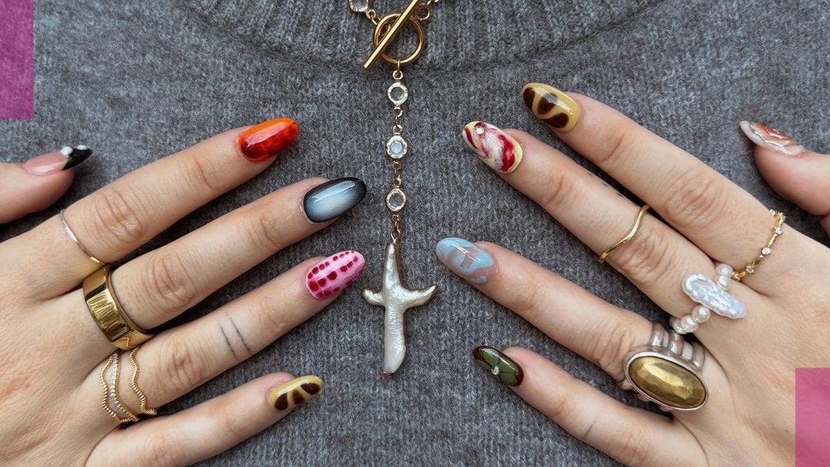 A fun, metallic, bubble nail is shown as part of the spring break nails design.