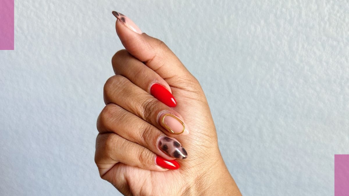 spring break nails with red and animal print design by Helen Owens