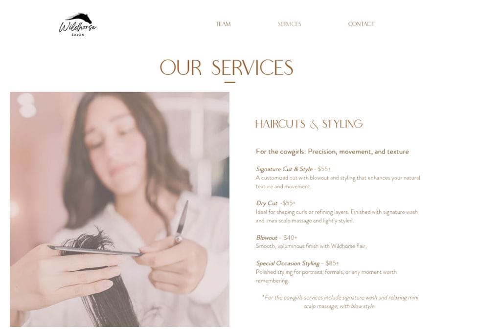 hairstylist services listed on a salon website