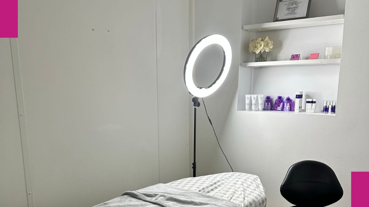 An esthetician sets up her social media corner while she learns how to be a content creator.