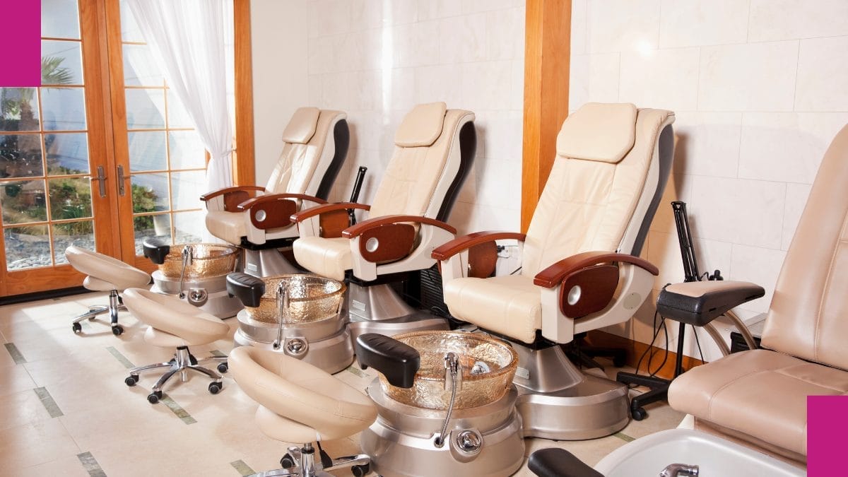 A client's chair is shown after she got cut at the nail salon.